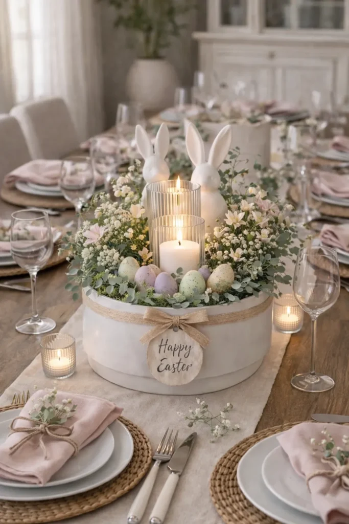 Easter brunch table styled with seasonal centerpiece, soft colors, and elegant tableware.