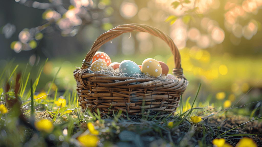 wicker basket filled with decorated eggs