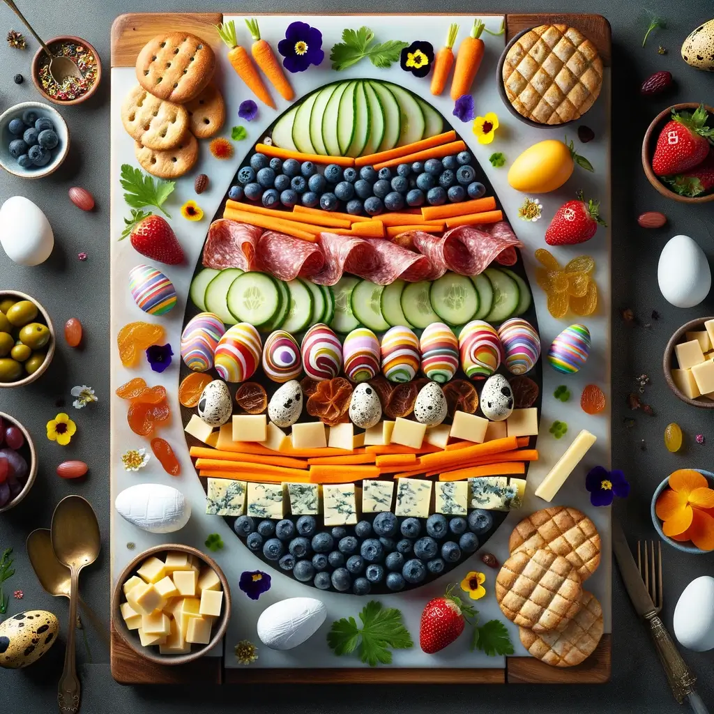 charcuterie board, designed to resemble an Easter egg on a rectangular board, blueberries, chocolate eggs, cucumbers, cheeses, and carrots