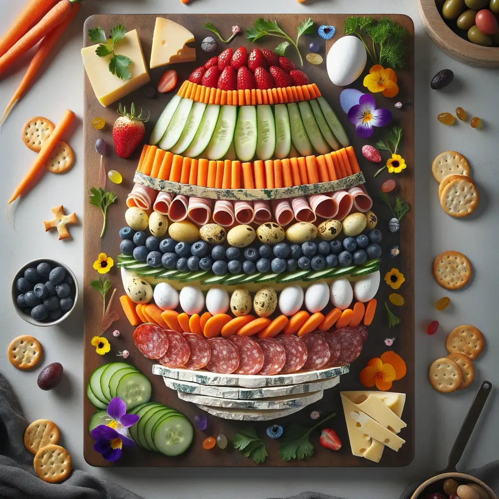 charcuterie board, designed to resemble an Easter egg on a rectangular board; meats, cheeses, and vegetables