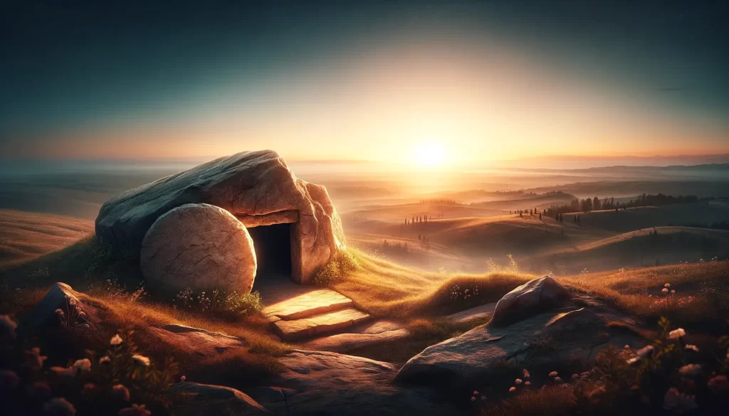 empty tomb at sunrise or sunset - the   meaning of Easter represented visually 