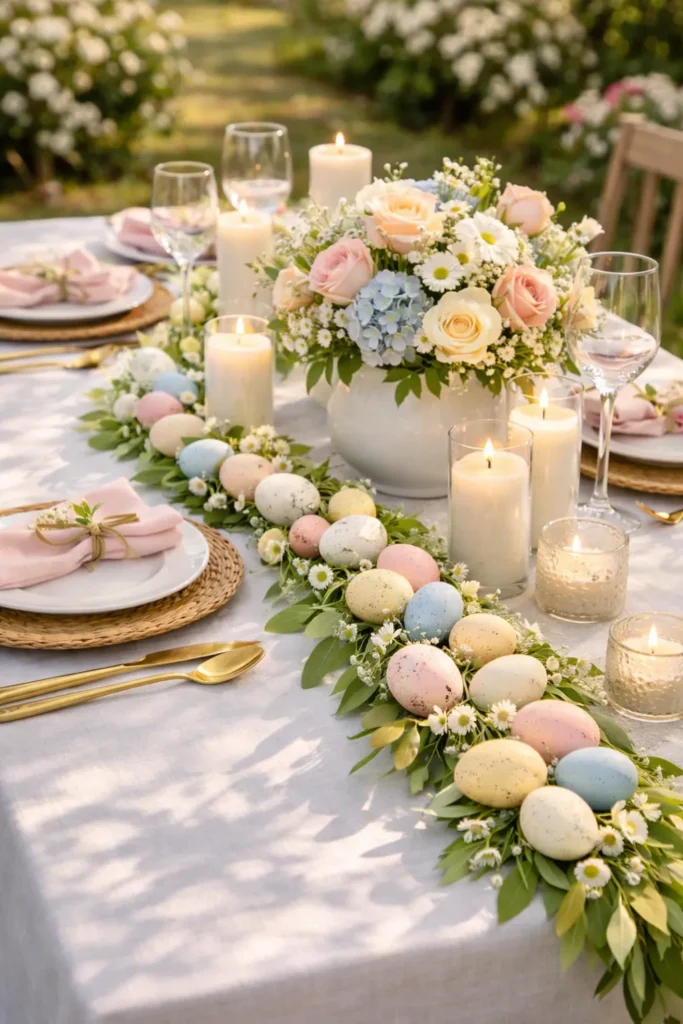 Decorative Easter table with spring centerpiece, pastel colors, and festive bunny details.