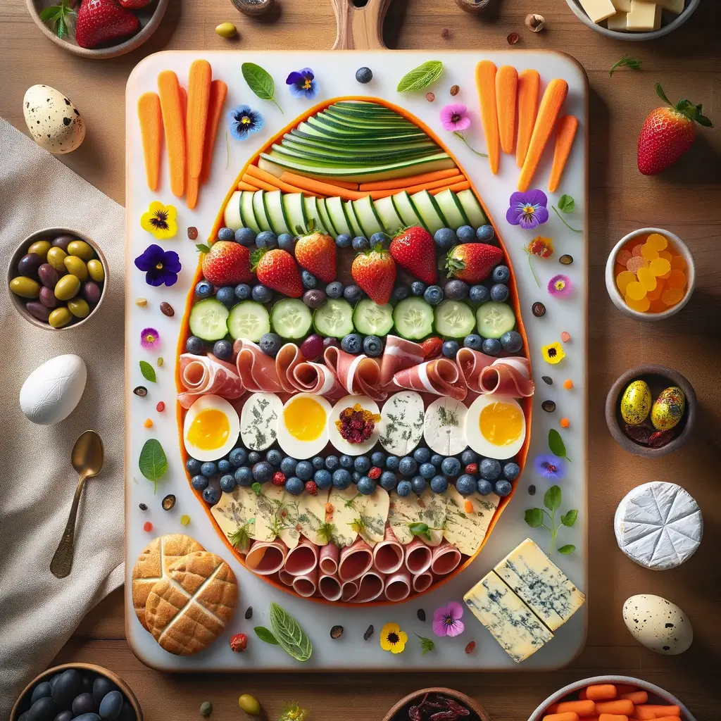 charcuterie board, designed to resemble an Easter egg on a rectangular board, open deviled or soft-boiled eggs, strawberries, cucumbers