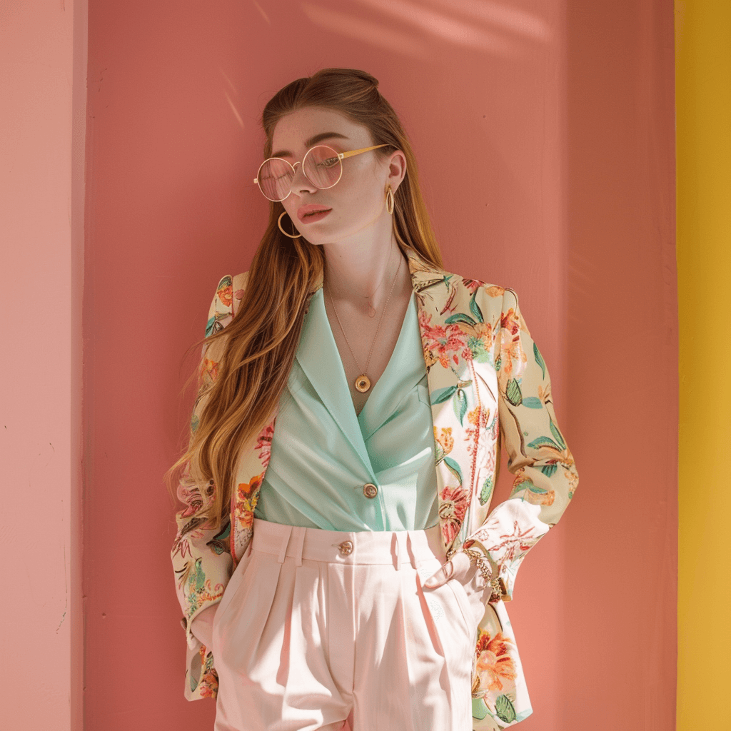 woman with long hair and pink tinted glasses, floral jacket, mint blouse, pink pants