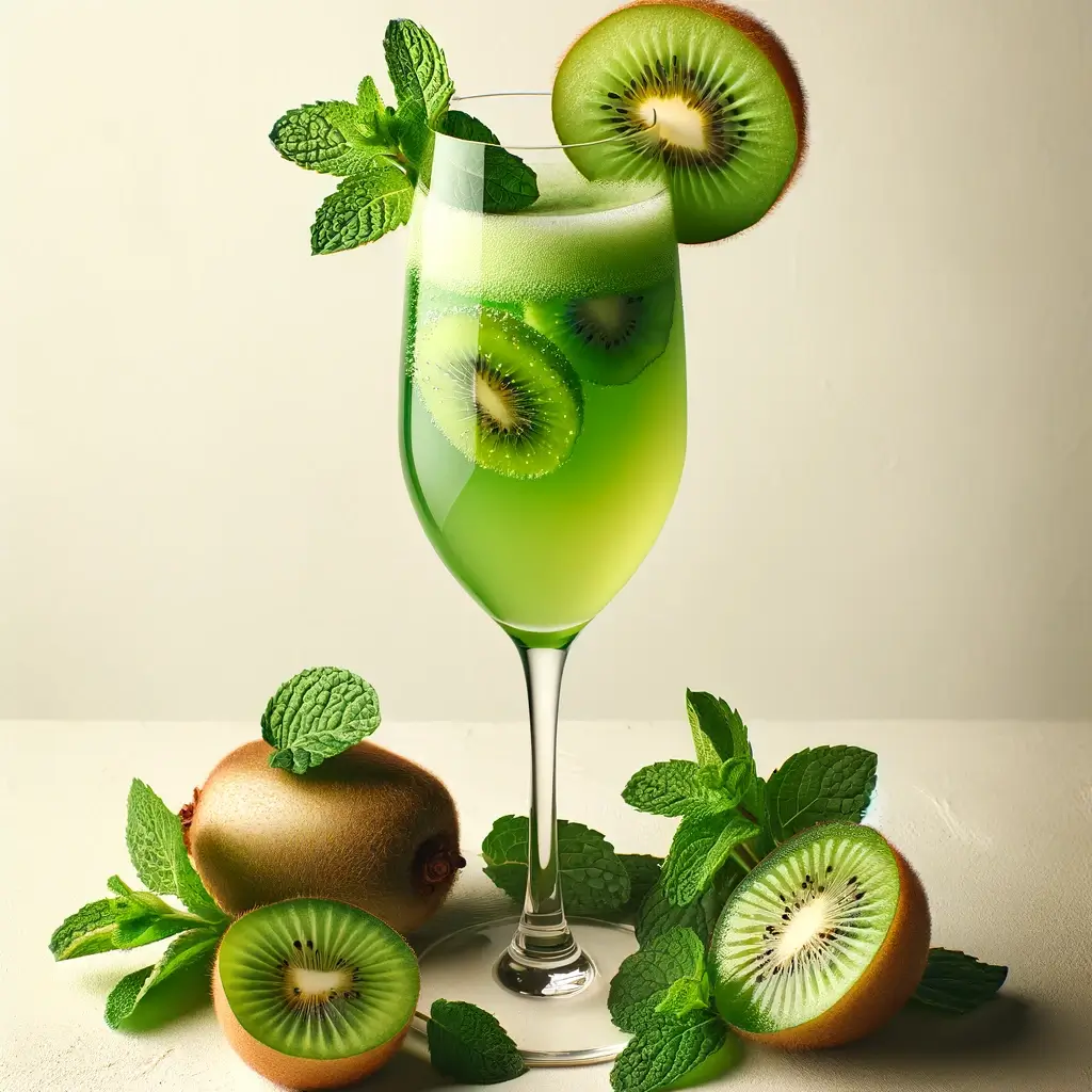 Kiwi juice, green grape juice, sparkling wine, kiwi slice and mint leaves for garnish on the rim of the glass of the mimosa