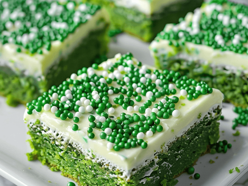Green velvet brownies on a white plate topped with white and green sprinkles. 
