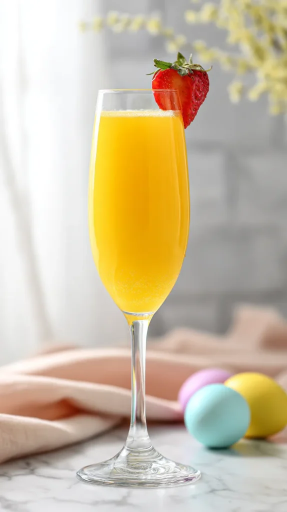 orange Easter mimosa with a strawberry on the rim