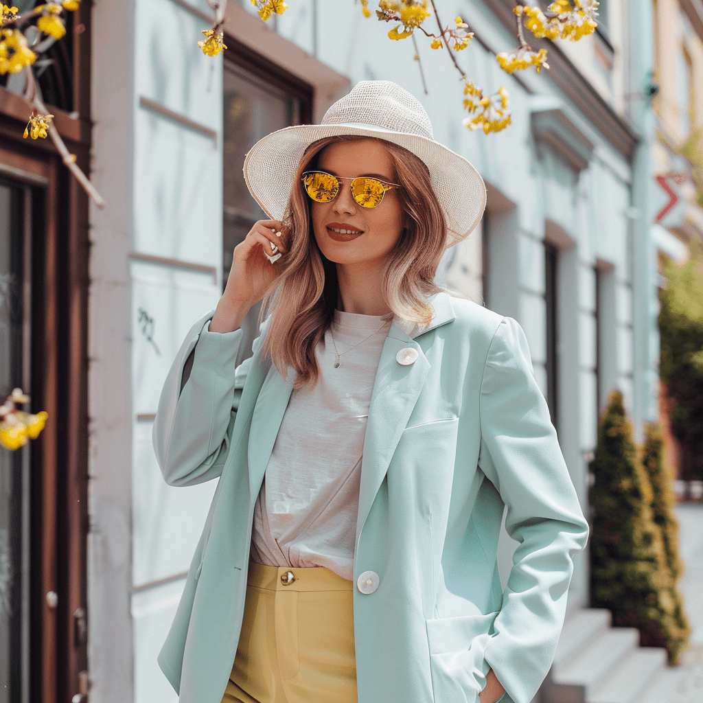 mint jacket, white hat, yellow mirrored glasses, white linen top