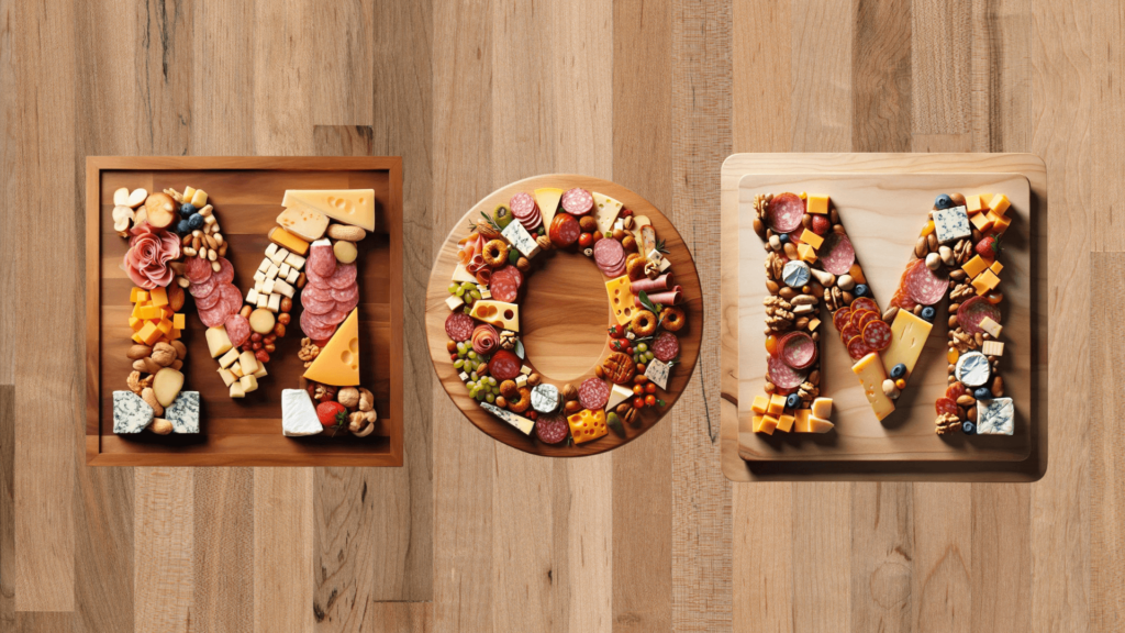 three charcuterie boards with the food on each spelling out M-O-M