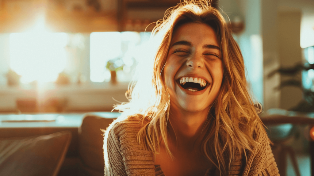 mom laughing after an April Fool's prank