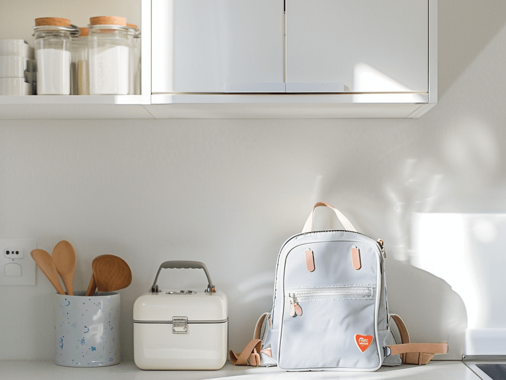 kitchen counter with a backpack and lunch box