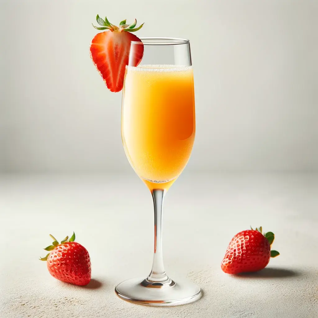 orange mimosa in a champagne glass with a strawberry garnish