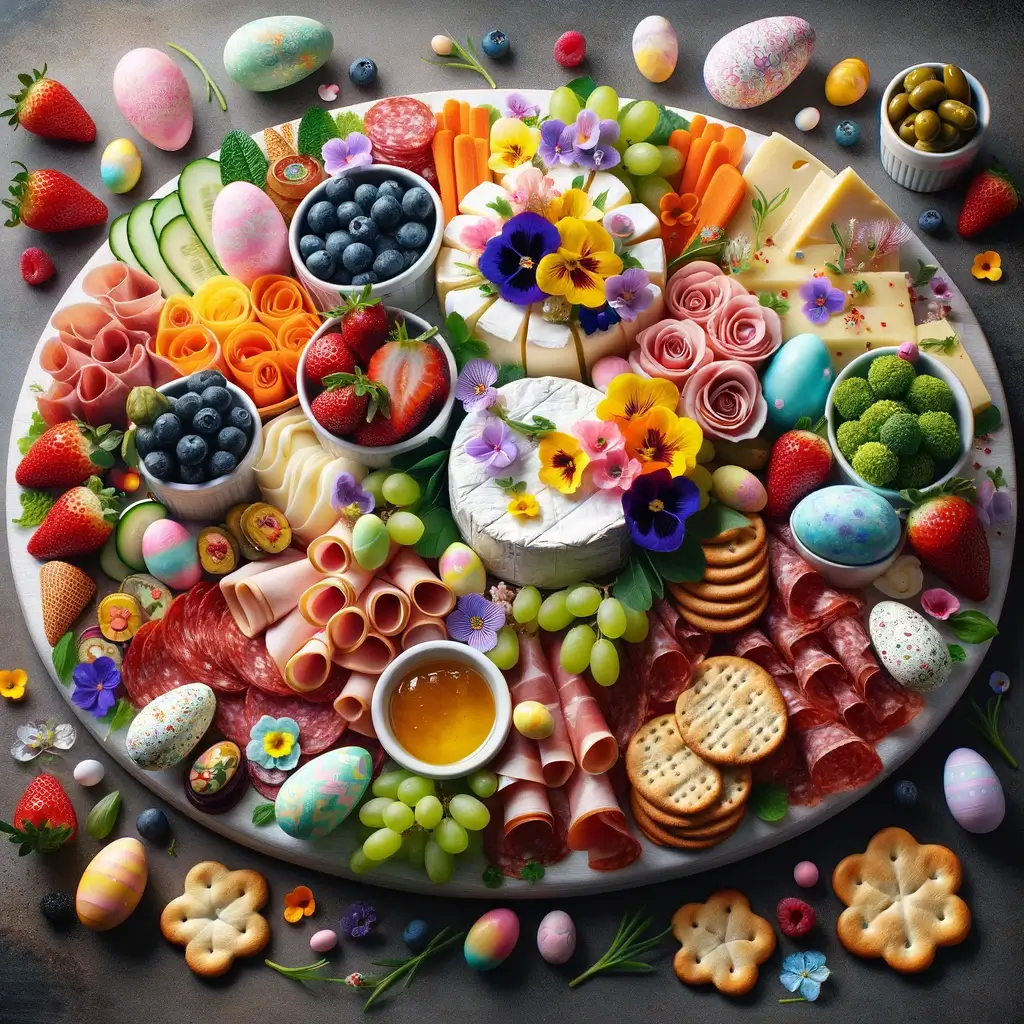 Springtime Celebration themed Easter charcuterie board, creatively arranged on an oval board. It features the same delightful array of ingredients