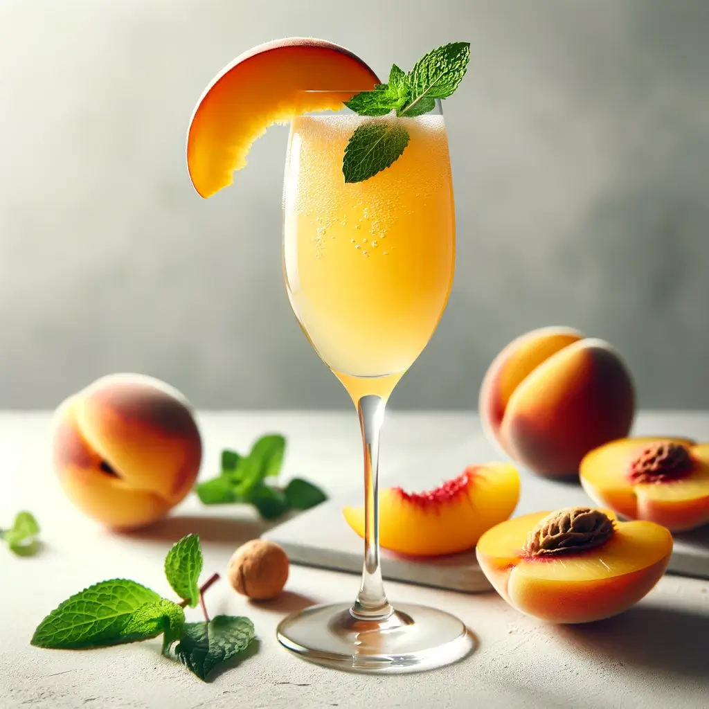 peach mimosa in a clear champagne glass
