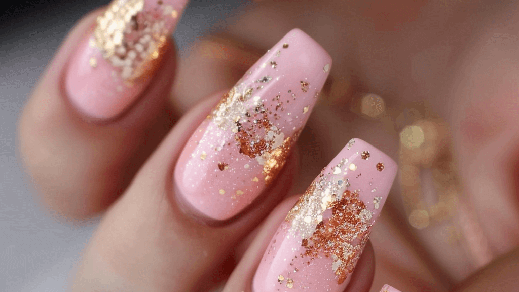 pink and gold glitter nails
