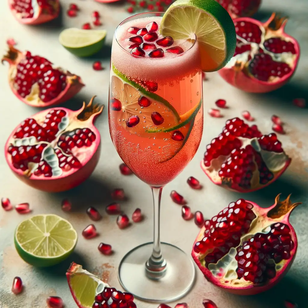 sparking Easter pomegranate mimosa in a clear glass with lime on the rim
