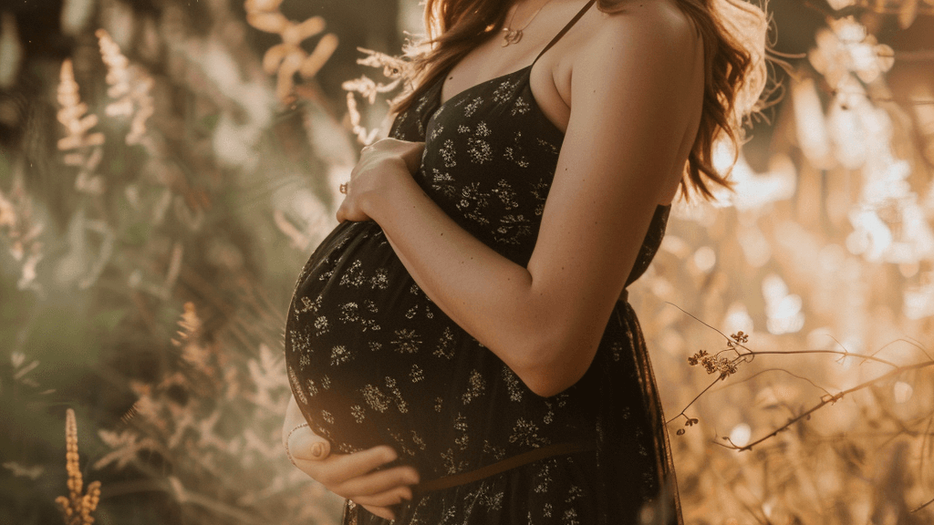 pregnant woman holding her belly in a field, warm lighting