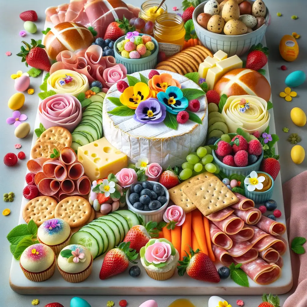 Springtime Celebration-themed Easter charcuterie board, beautifully arranged on a long rectangular board. It includes a delightful selection of meats, cucumbers, crackers, and raspberries. 