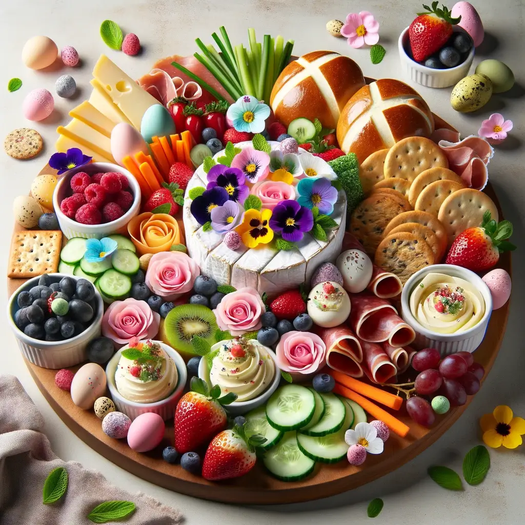 round springtime charcuterie board; image of a Springtime Celebration themed Easter charcuterie board, this time arranged on a round board. It incorporates the same vibrant and festive elements