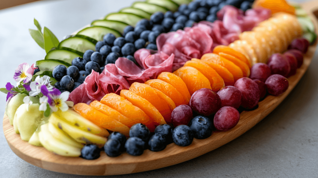 small board with different finger foods on it 