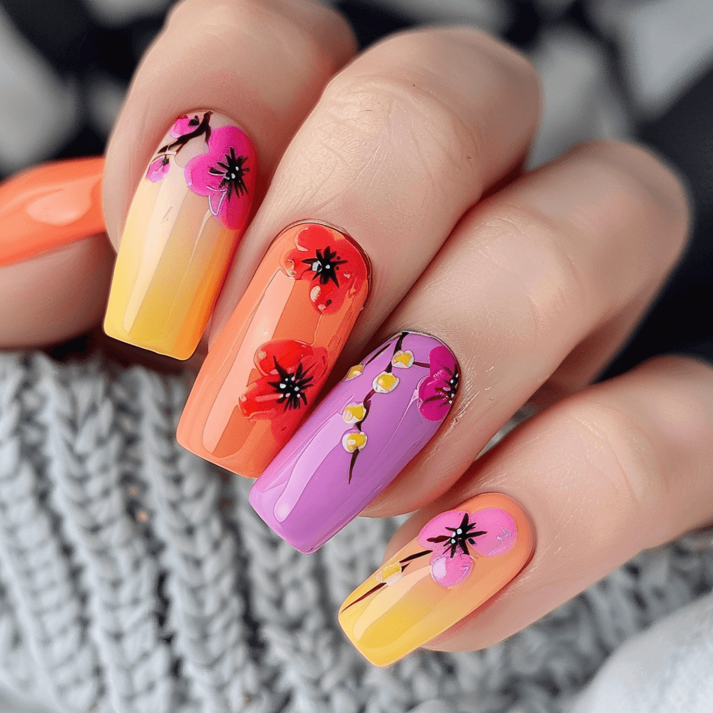 tropical floral spring nails