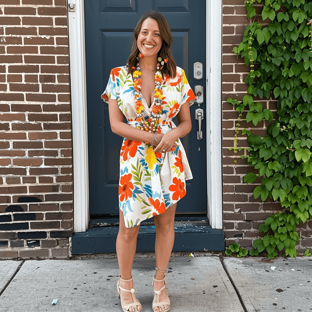 A playful and vibrant spring outfit for women, highlighting a patterned wrap dress, wedge sandals, and a bright statement necklace, complemented by a matching bracelet.