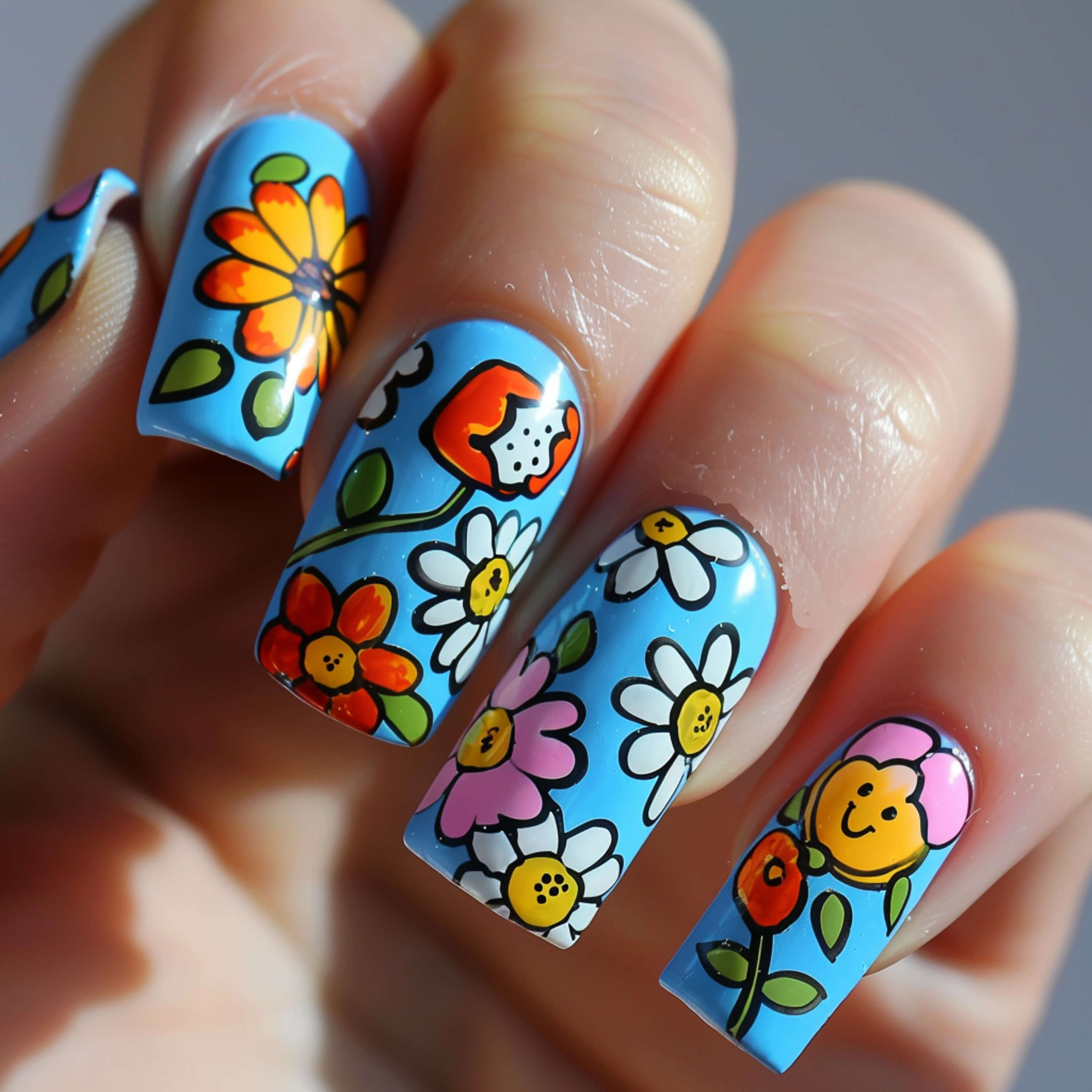 cartoon flowers painted on square shaped nails