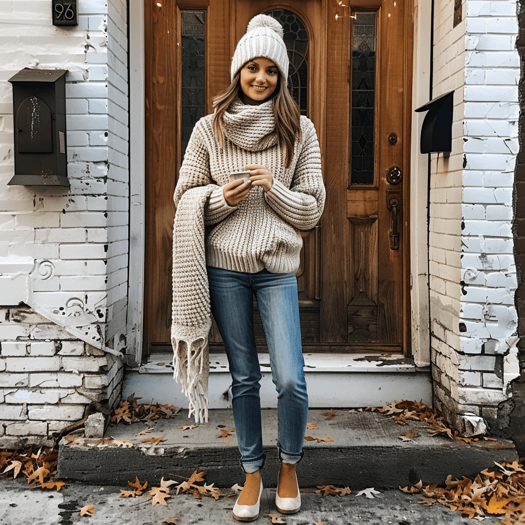 A cozy yet stylish spring look for cooler days, consisting of a chunky knit sweater, skinny jeans, and ballet flats, finished with a warm infinity scarf and a beanie hat.