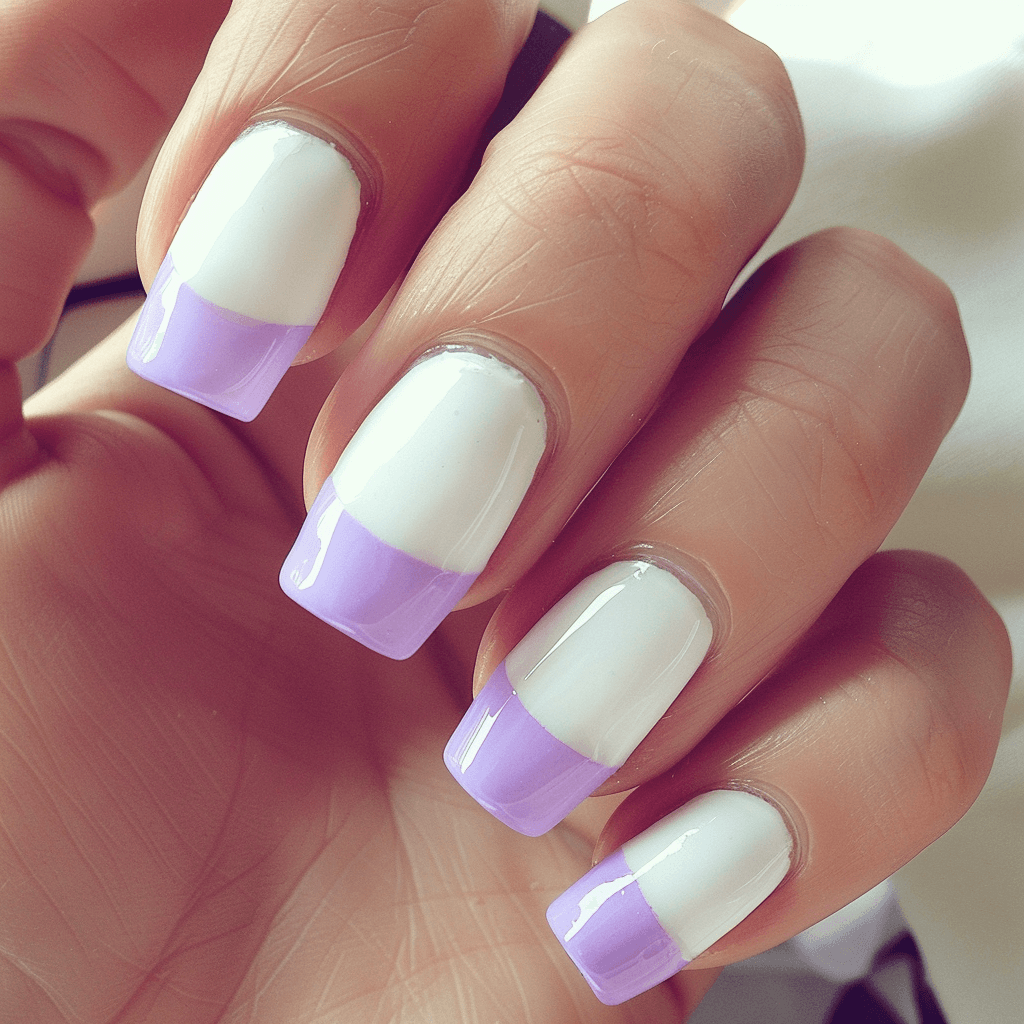 light purple tips on white polished nails