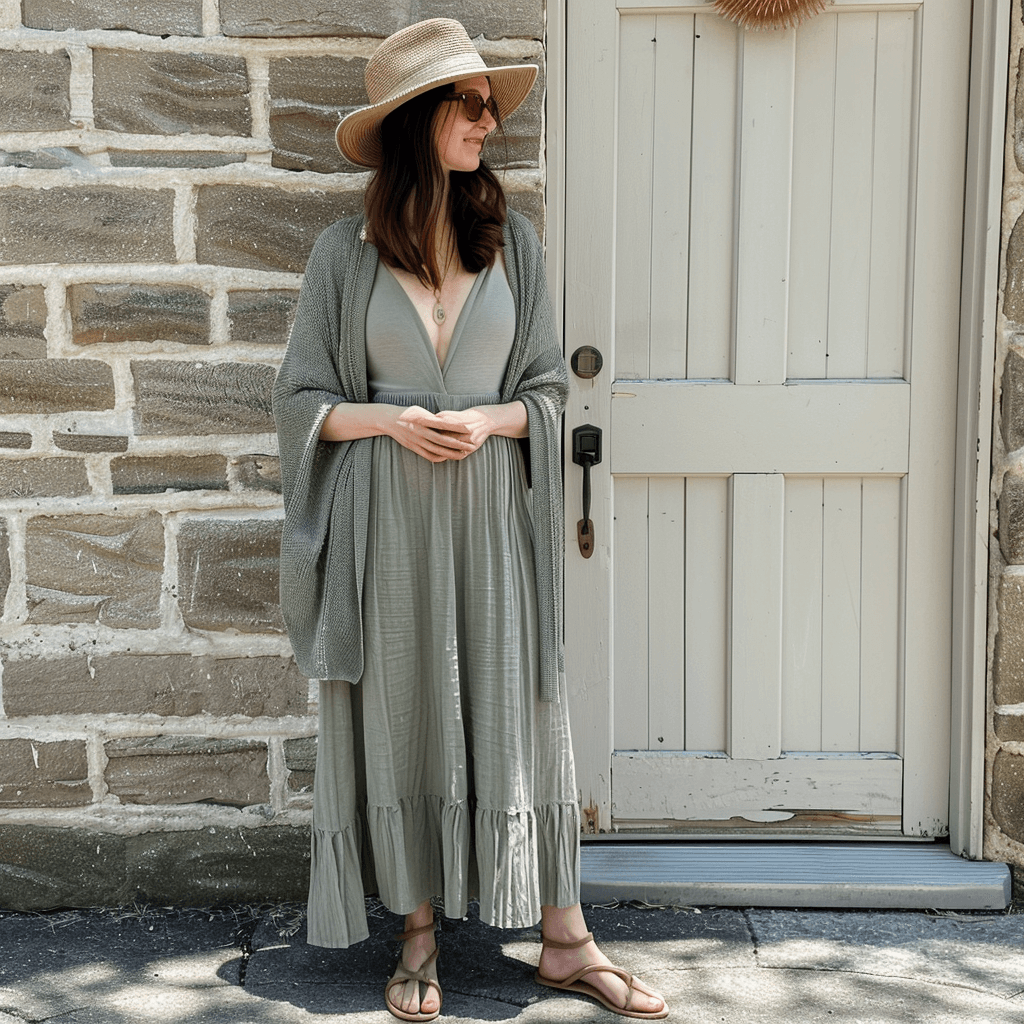 A relaxed spring weekend outfit, including a comfortable maxi dress, a lightweight cardigan, and strappy sandals, complete with a sun hat and minimalistic jewelry.