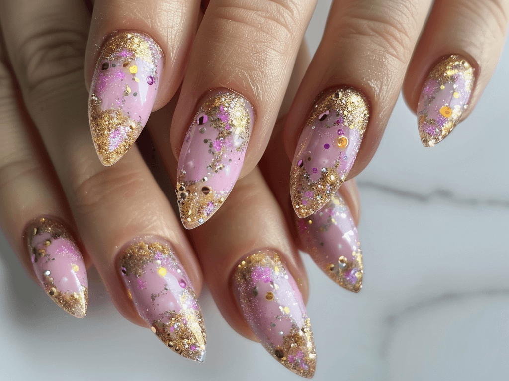 gold and pink glitter nails