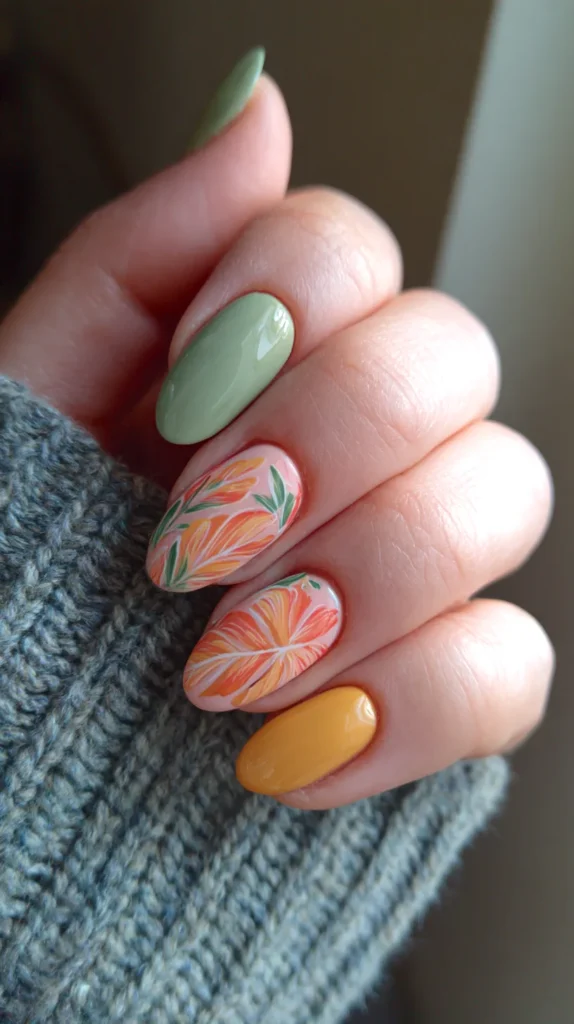 floral and pastel-colored manicure on a female hand