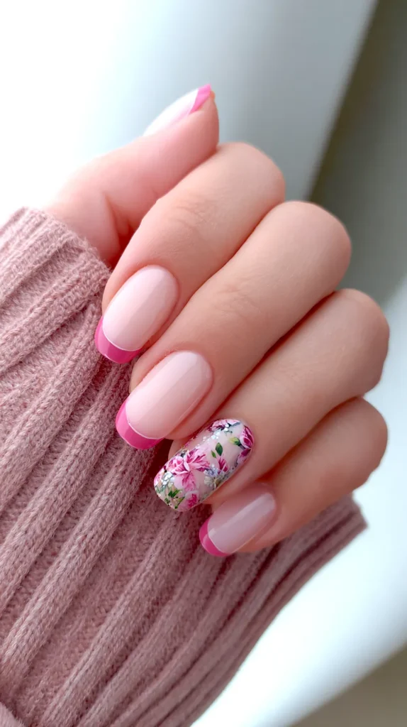 pink french tips with floral accent nail