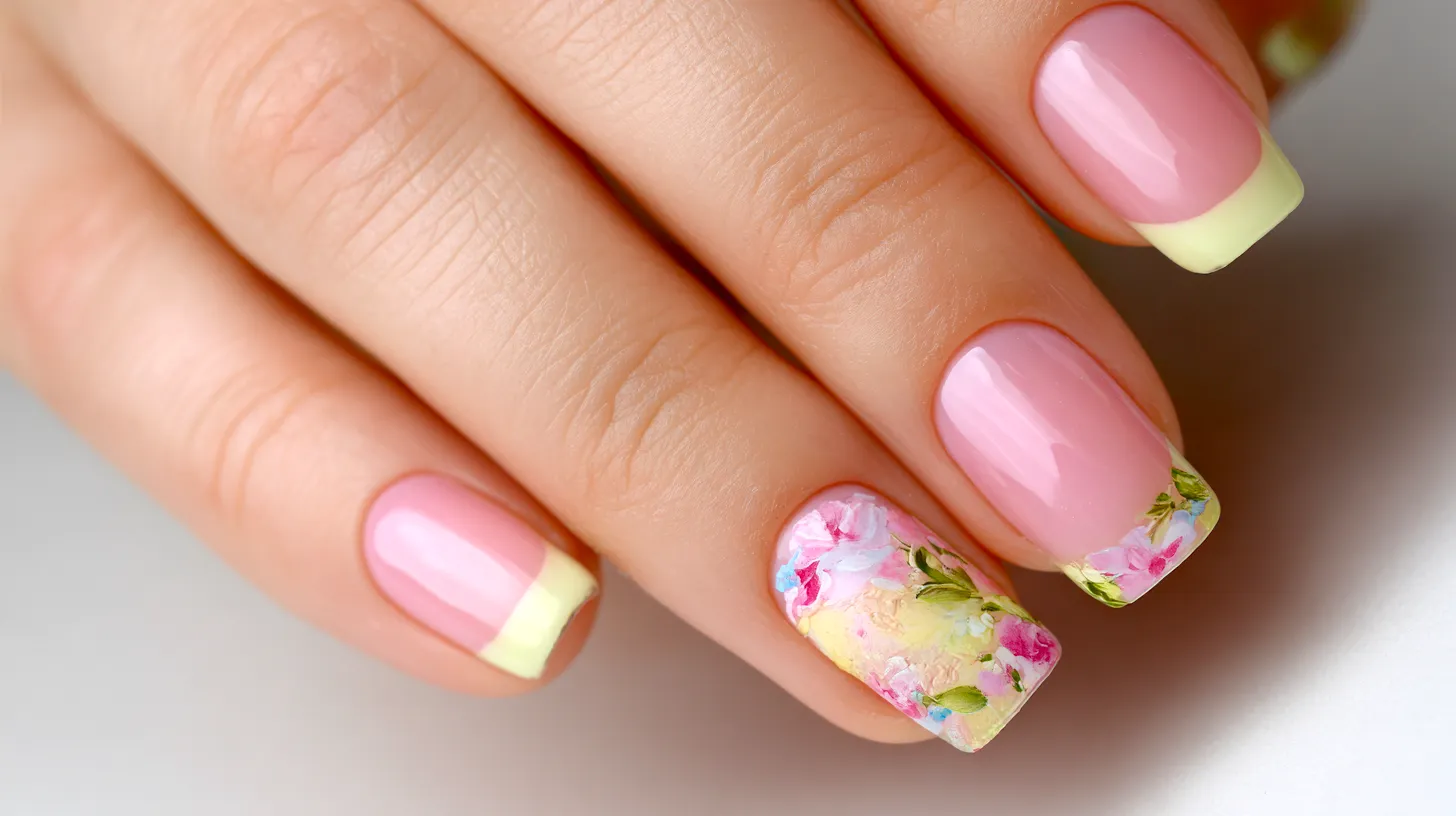 floral and spring French tip manicure