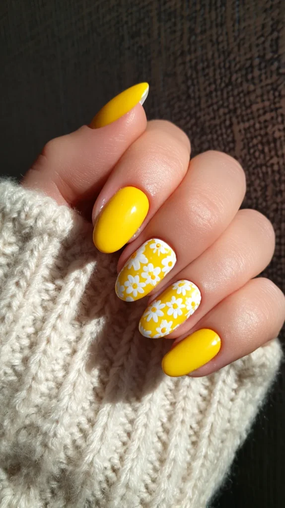 yellow manicure with white daises