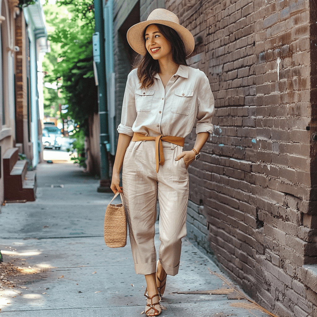 A versatile spring look with a lightweight, button-up shirt, cropped chinos, and loafers, perfect for a day out, accessorized with a wide-brimmed hat and a tan bag.