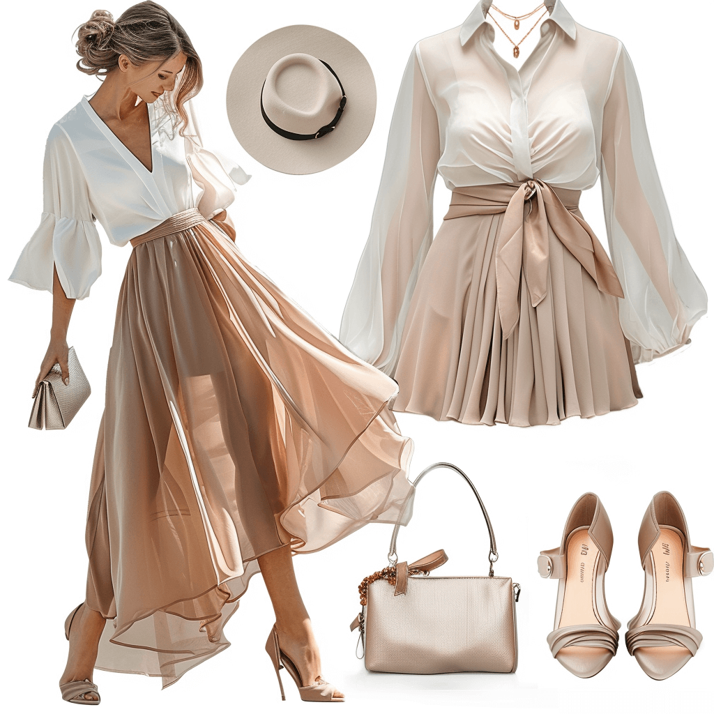 An elegant spring evening outfit for women, showcasing a flowy skirt, a fitted blouse, and a pair of chic heels, accessorized with a simple clutch and delicate earrings.