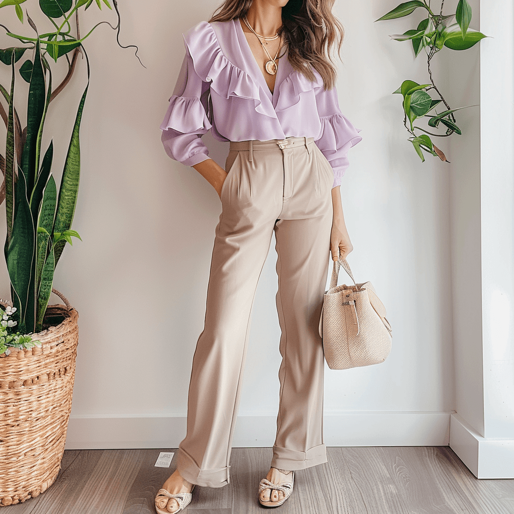 A chic spring outfit featuring high-waisted wide-leg pants in a neutral tone, paired with a lavender-colored blouse with delicate ruffles. The ensemble is accessorized with a simple gold pendant necklace, a beige tote bag, and matching ballet flats, perfect for a stylish yet comfortable spring day look.