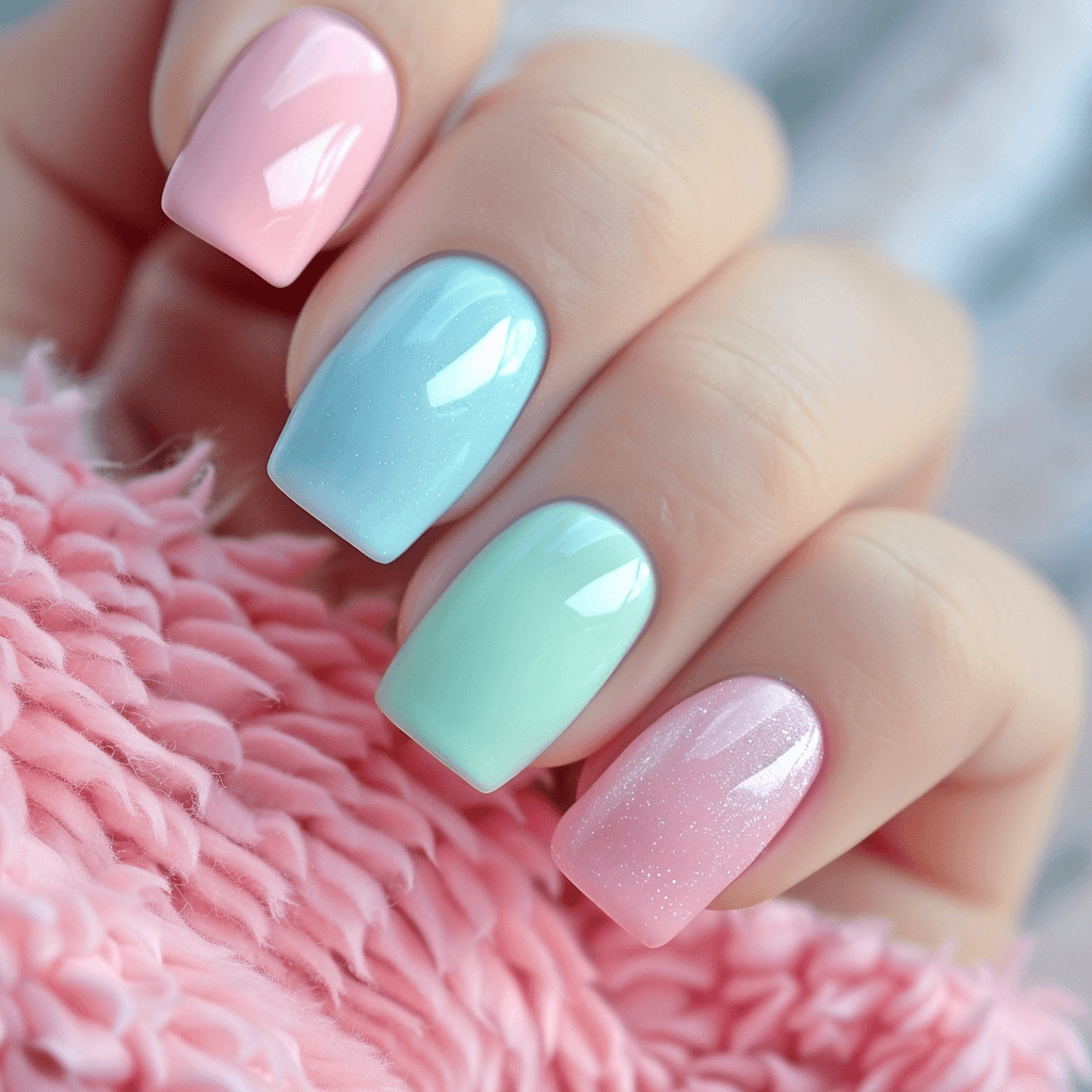 pink, blue and mint green alternating nails