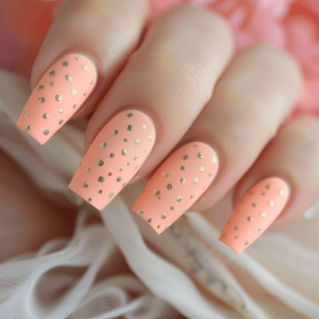 peach nails with gold dots