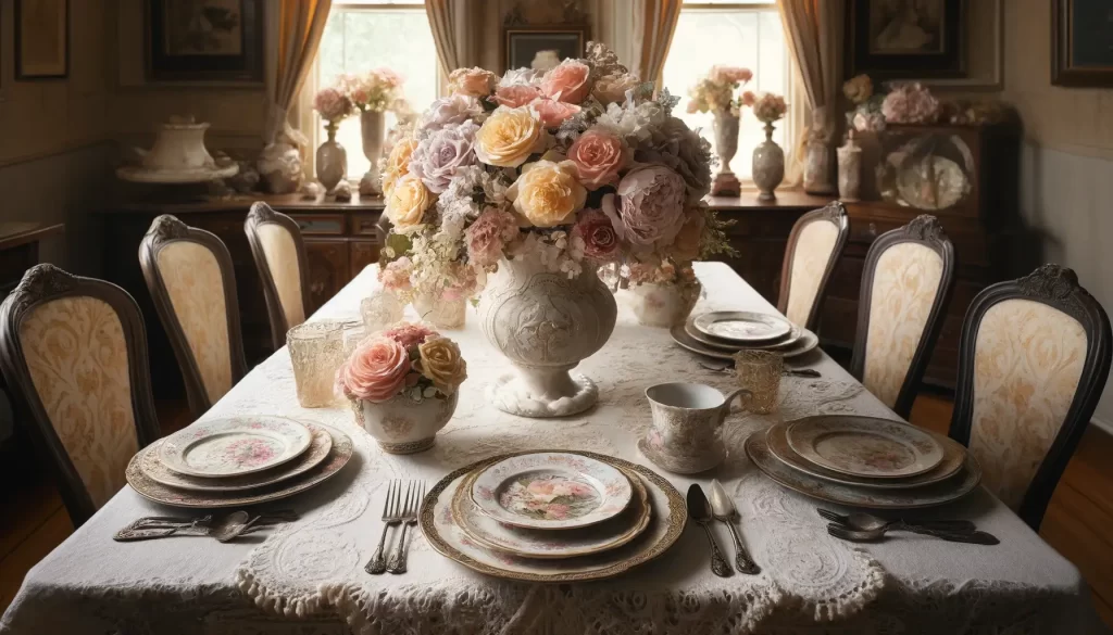 A vintage-inspired Easter tablescape with antique lace tablecloth, heirloom china, and a centerpiece of pastel roses and peonies in an antique vase.