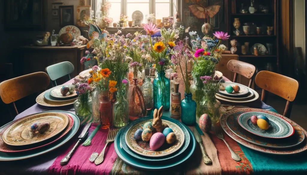 A bohemian Easter tablescape with a vibrant colored table runner, eclectic mix of patterned plates, and a centerpiece of wildflowers in assorted vintage bottles.