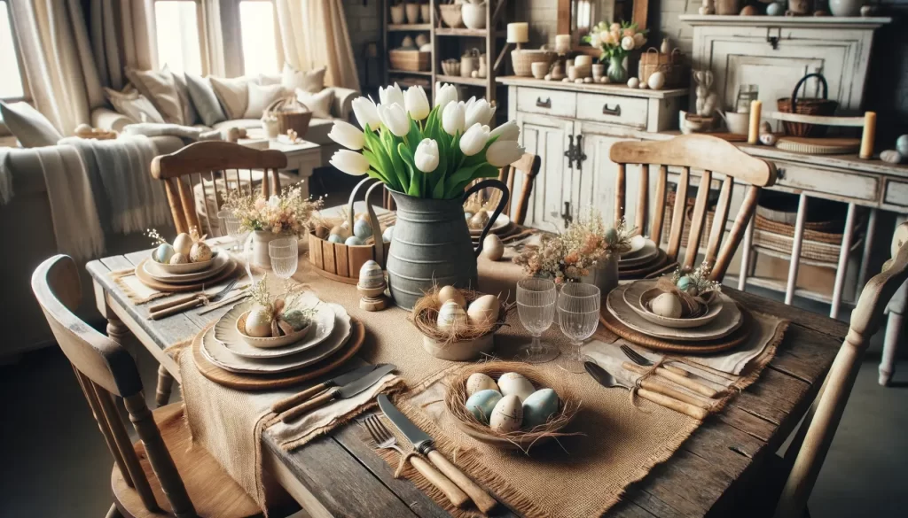 A farmhouse style Easter tablescape with a burlap runner, wooden chargers, and a centerpiece of white tulips in a rustic metal pitcher.