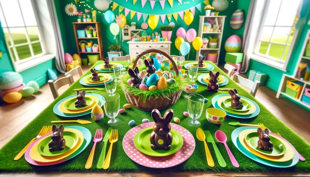 A playful Easter tablescape for kids with a bright green grass table runner, colorful plastic ware, and a centerpiece of chocolate bunnies and egg-filled baskets.