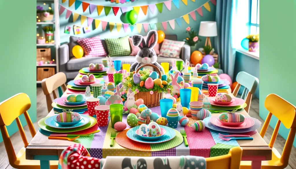A family-friendly Easter tablescape with a colorful paper tablecloth, mismatched colorful plates and cups, and a fun centerpiece with Easter bunnies and a basket of decorated eggs.