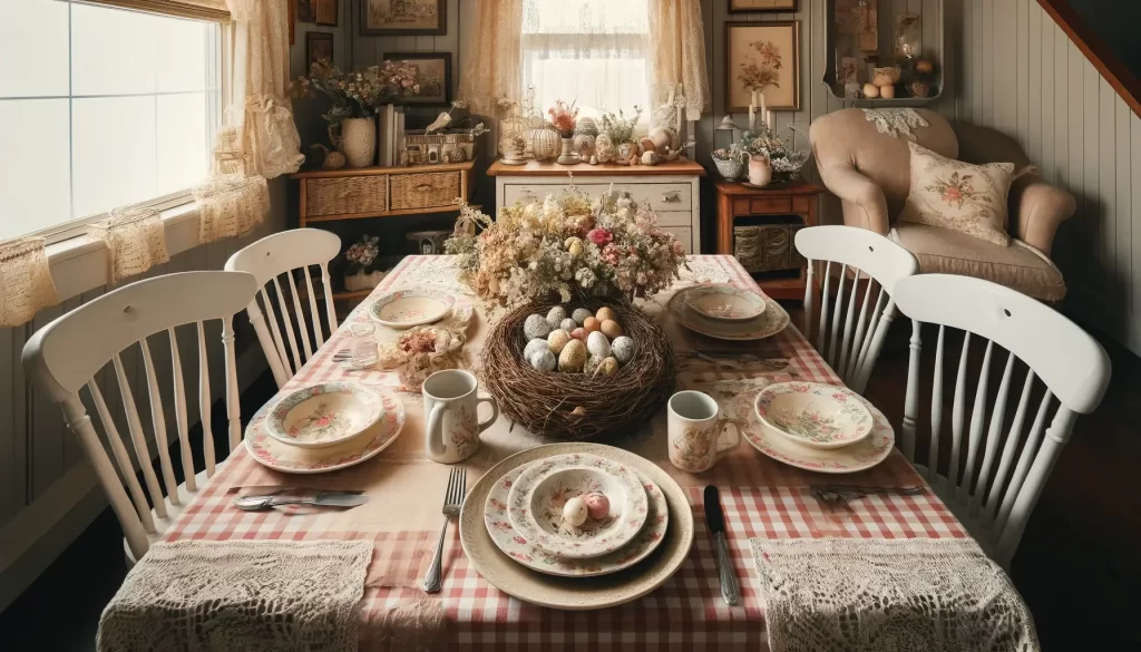 A cozy cottage Easter tablescape with gingham patterns, a mix of floral and solid color dishes, and a centerpiece featuring a bird's nest with speckled eggs.