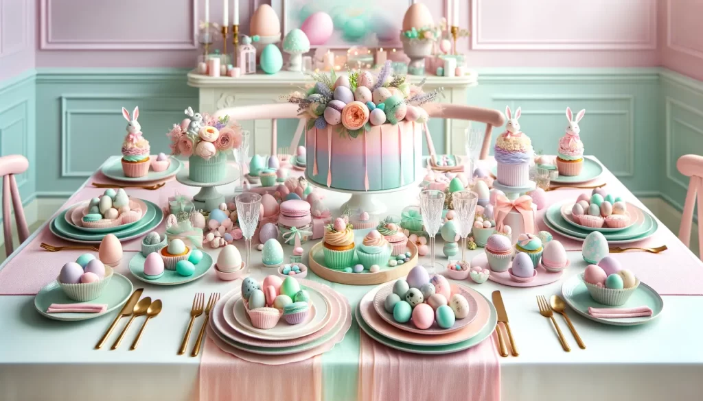 A pastel paradise Easter tablescape with soft pink, mint, and lavender hues, ombre dyed eggs, and a centerpiece of pastel macarons and cupcakes.