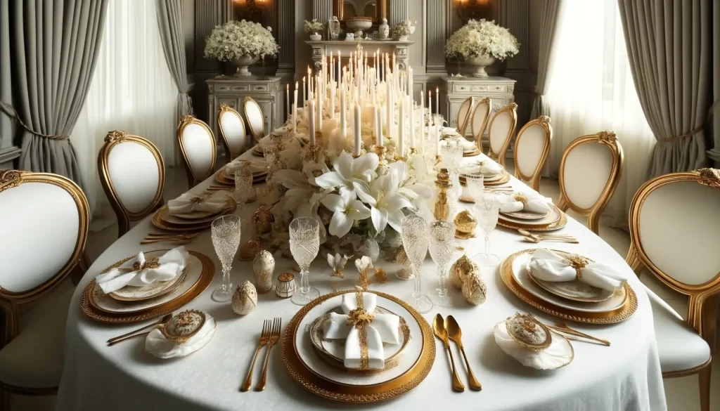 An elegant Easter tablescape featuring a white and gold color scheme, fine china with gold trim, crystal glassware, and a centerpiece of white lilies and candles.
