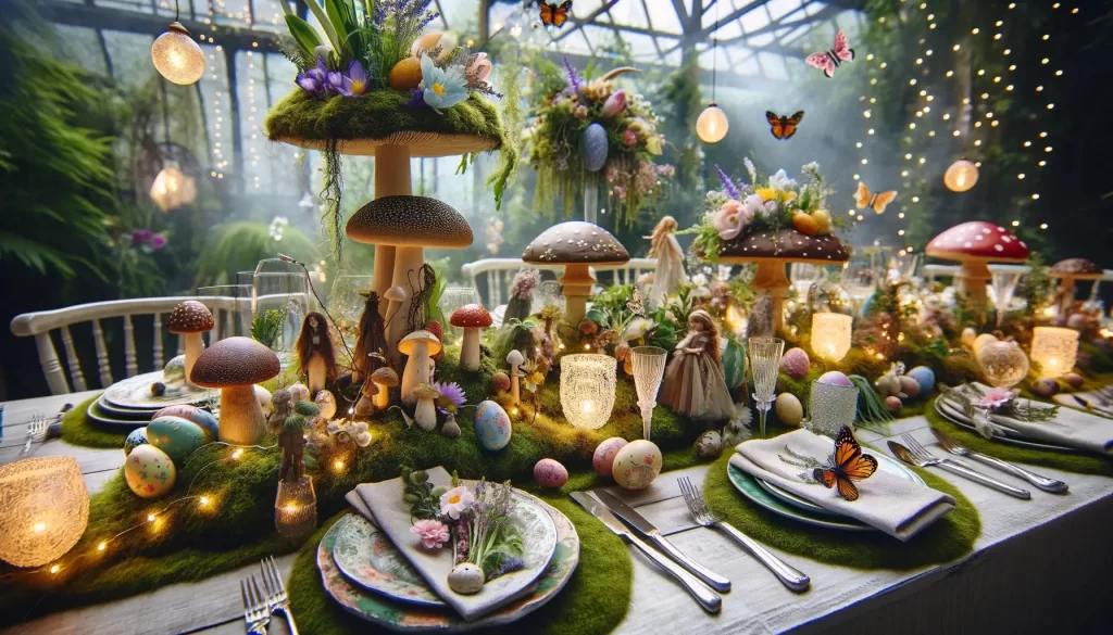 A whimsical Easter tablescape with a fairy tale theme, featuring a moss-covered runner, mushroom figurines, and a centerpiece with a mix of wildflowers and fairy lights.