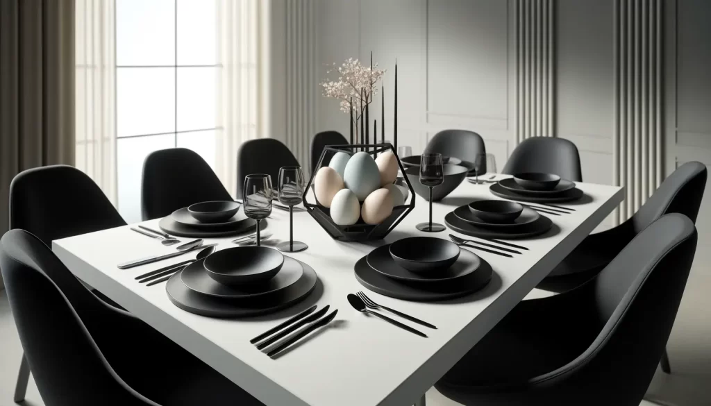 A minimalist modern Easter tablescape with a monochromatic color scheme, sleek black tableware, and a simple geometric centerpiece with a few pastel-colored eggs.